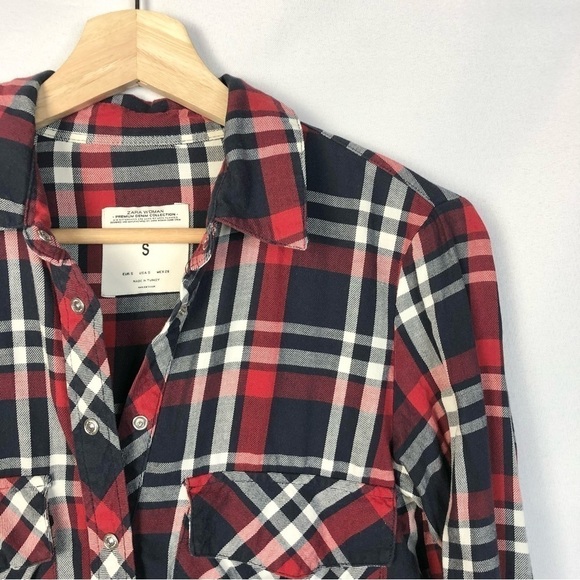 Zara Red & Blue Plaid Long Sleeve Button Down S - Picture 3 of 3